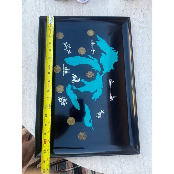 Couroc of Monterey Great Lakes Black & Teal Tray Coin Inlays Nautical Graphics - Picture 8 of 16